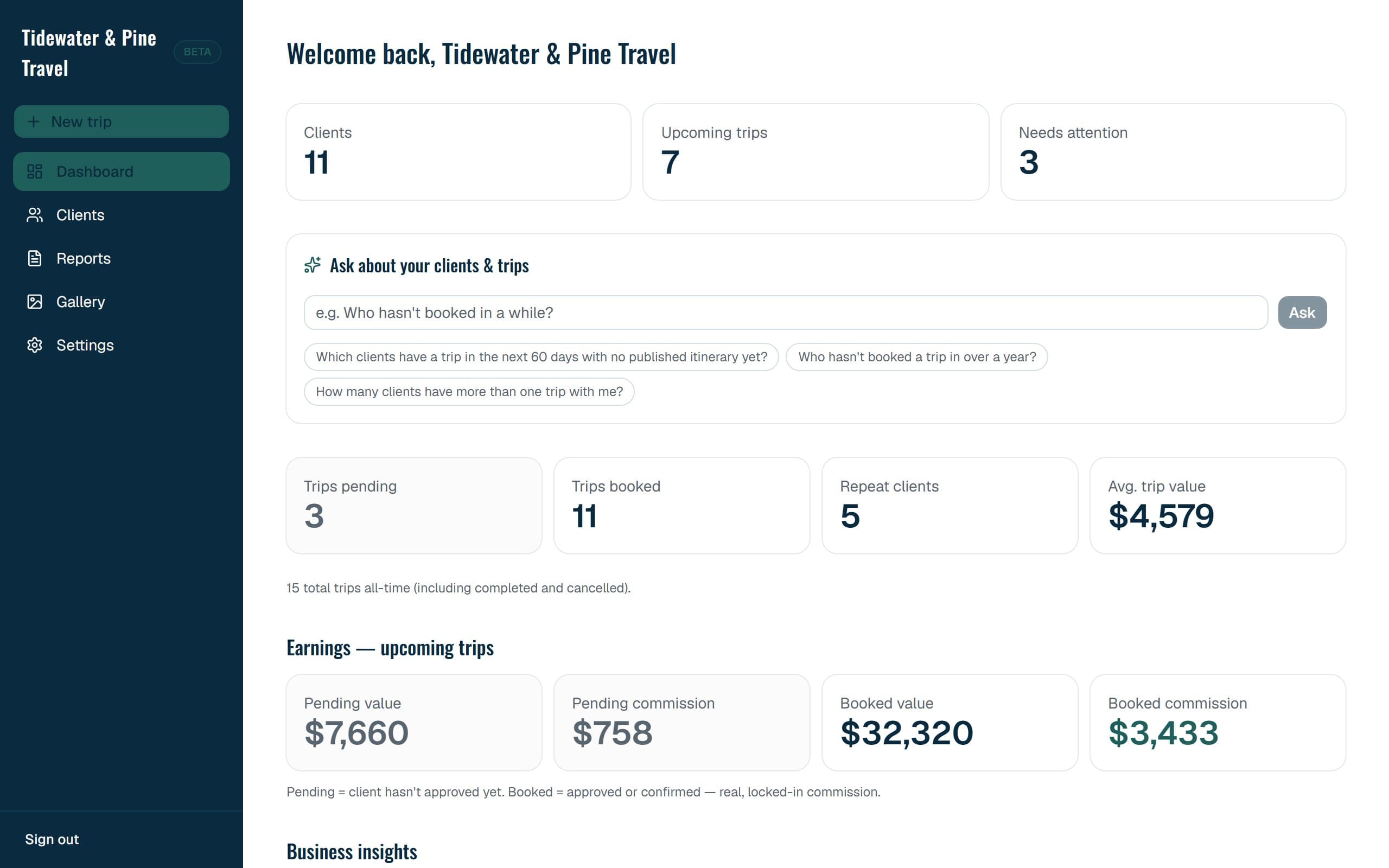 The Ithaca advisor portal dashboard for a demo agency