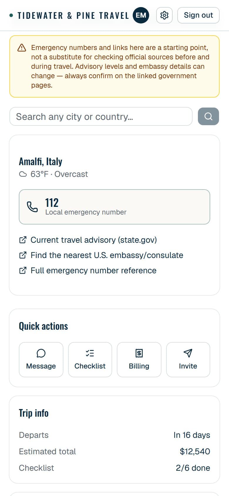 Emergency number and advisories for the client's destination