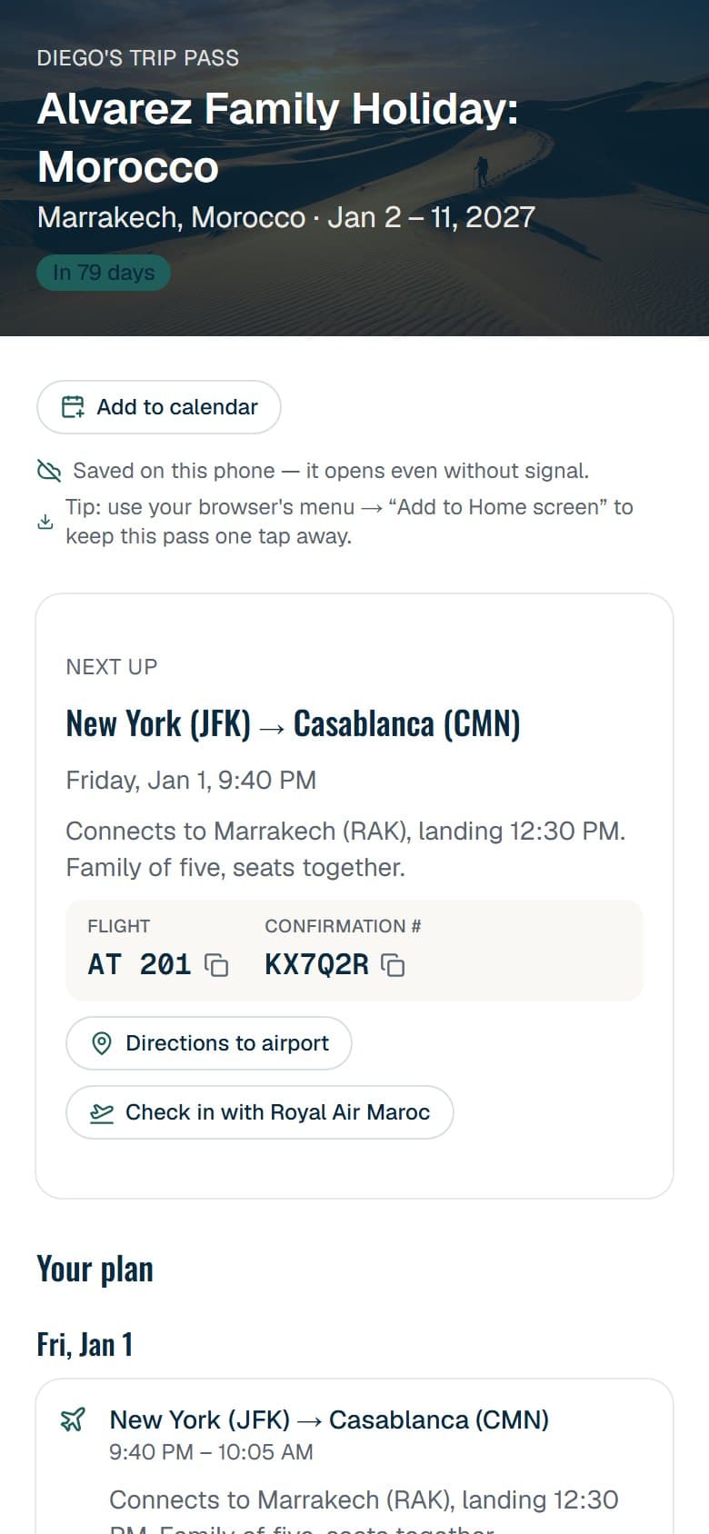 A traveler's pass on a phone, showing their own flights and confirmation numbers